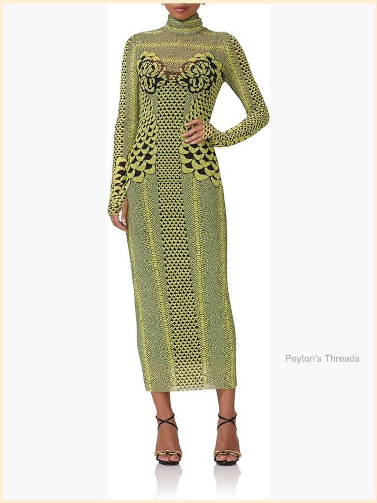 Turtleneck Long Sleeve Mesh Bodycon Midi Dress With Slip